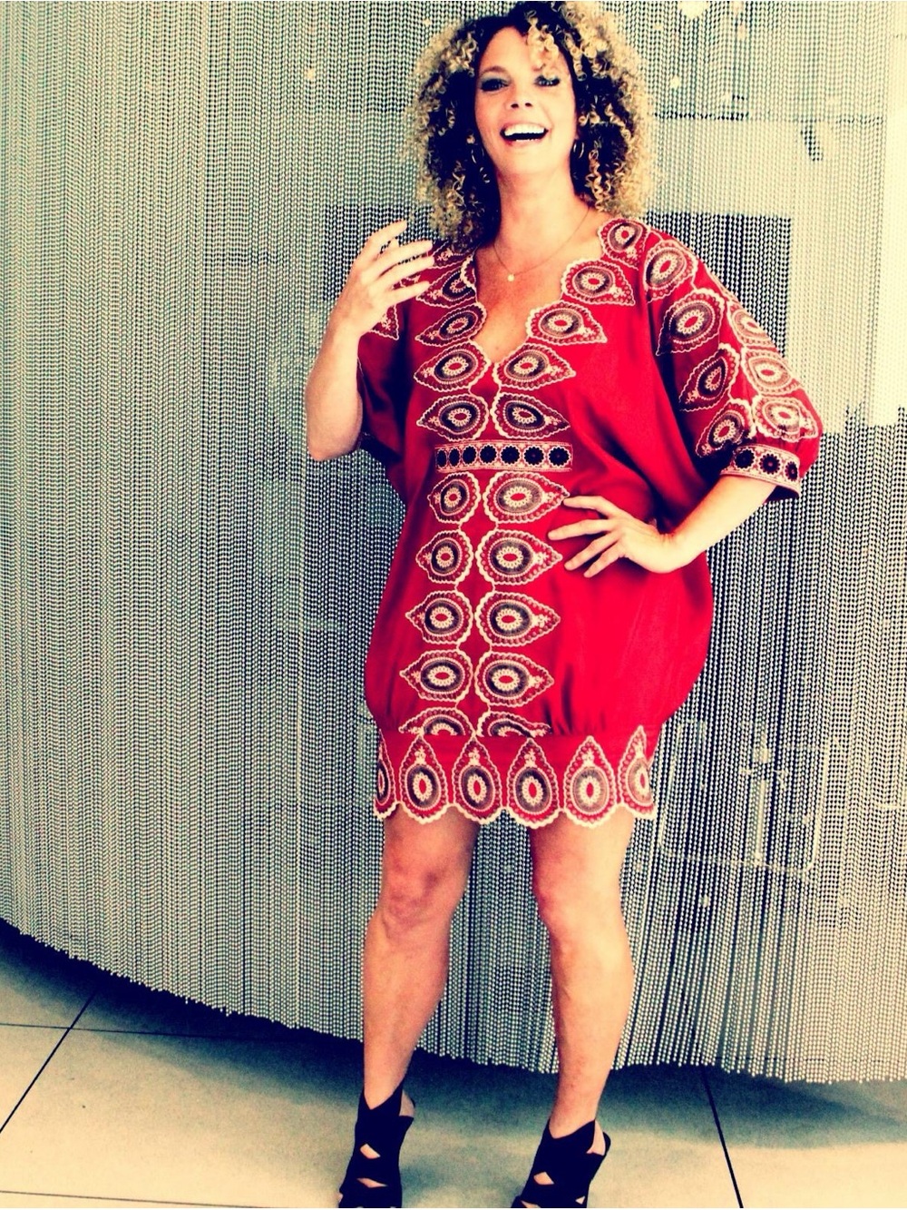 BCBGMaxAzria Red Embroidered Shift Dress